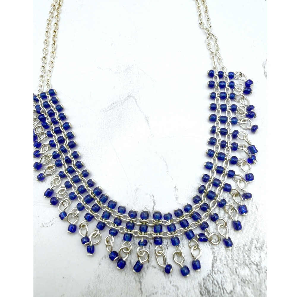 Blue Beaded Bib Necklace Silver Tone Double Strand 14-16" Statement